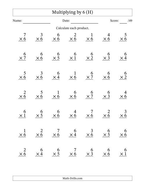 The Multiplying (1 to 7) by 6 (49 Questions) (H) Math Worksheet