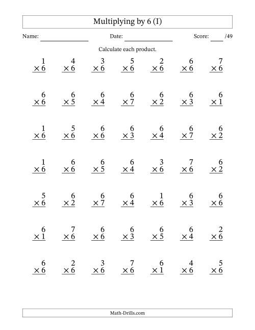 The Multiplying (1 to 7) by 6 (49 Questions) (I) Math Worksheet