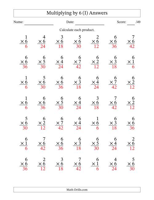 The Multiplying (1 to 7) by 6 (49 Questions) (I) Math Worksheet Page 2