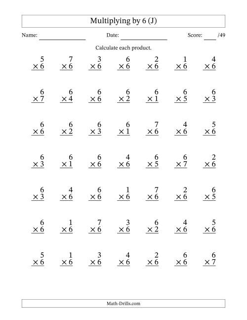 The Multiplying (1 to 7) by 6 (49 Questions) (J) Math Worksheet