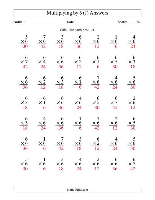 The Multiplying (1 to 7) by 6 (49 Questions) (J) Math Worksheet Page 2