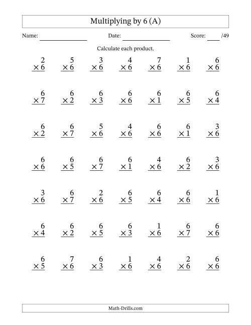 The Multiplying (1 to 7) by 6 (49 Questions) (All) Math Worksheet