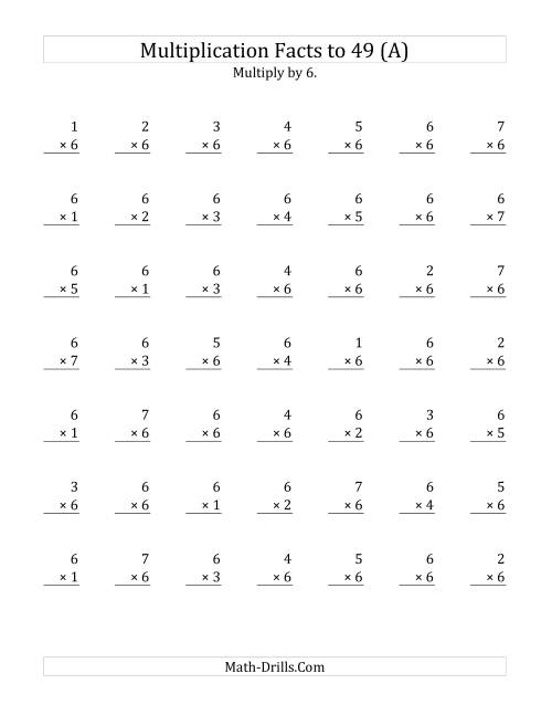The Multiplication Facts to 49 No Zeros with Target Fact 6 (Old) Math Worksheet
