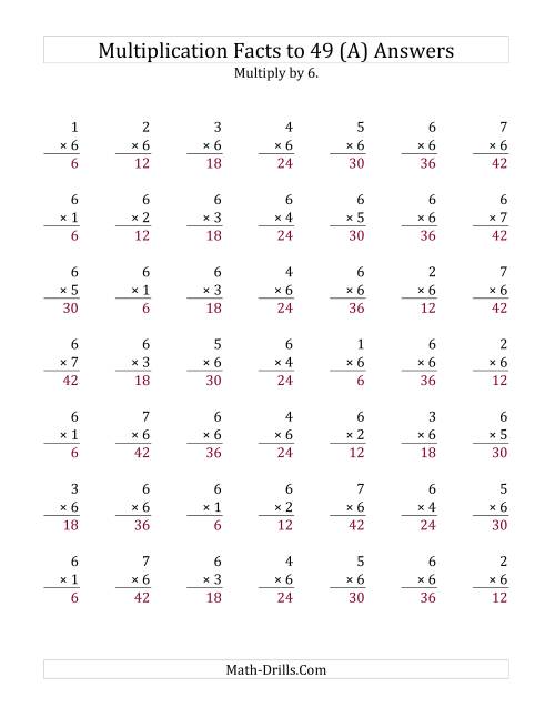 The Multiplication Facts to 49 No Zeros with Target Fact 6 (Old) Math Worksheet Page 2