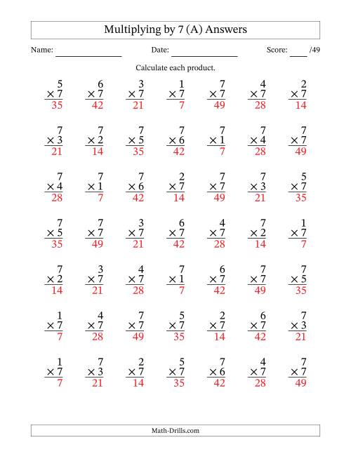 The Multiplying (1 to 7) by 7 (49 Questions) (A) Math Worksheet Page 2