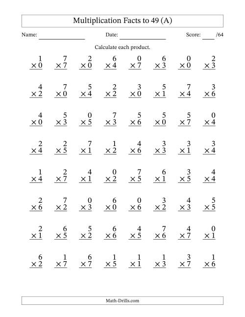 The Multiplication Facts to 49 (64 Questions) (With Zeros) (A) Math Worksheet