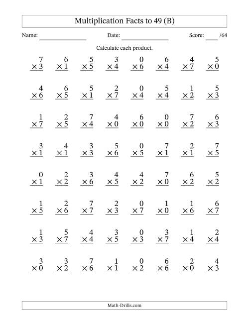The Multiplication Facts to 49 (64 Questions) (With Zeros) (B) Math Worksheet
