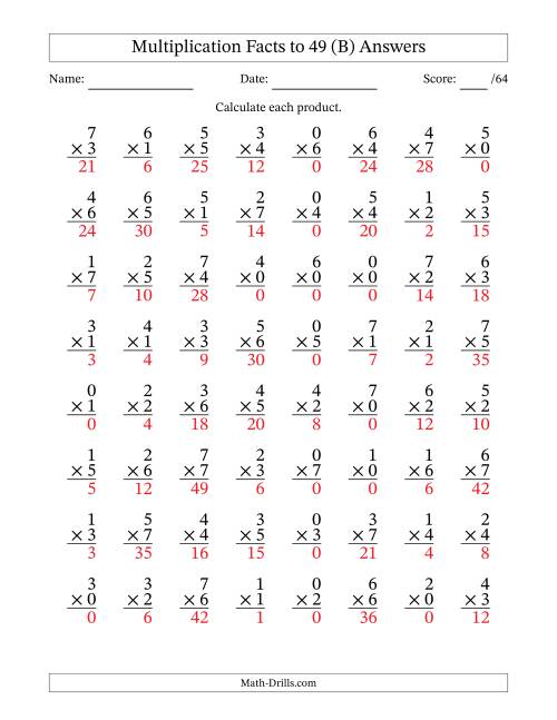 The Multiplication Facts to 49 (64 Questions) (With Zeros) (B) Math Worksheet Page 2