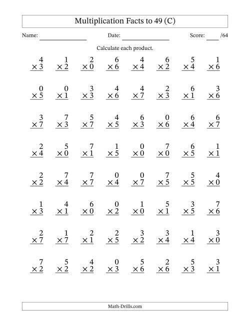 The Multiplication Facts to 49 (64 Questions) (With Zeros) (C) Math Worksheet