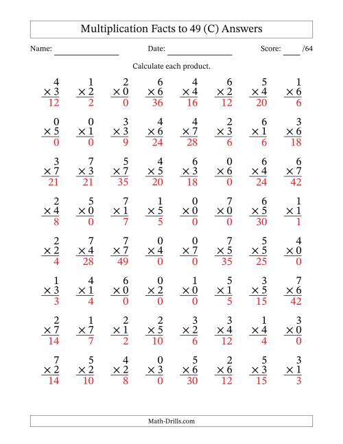 The Multiplication Facts to 49 (64 Questions) (With Zeros) (C) Math Worksheet Page 2