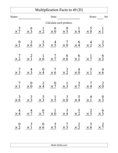 The Multiplication Facts to 49 (64 Questions) (With Zeros) (D) Math Worksheet