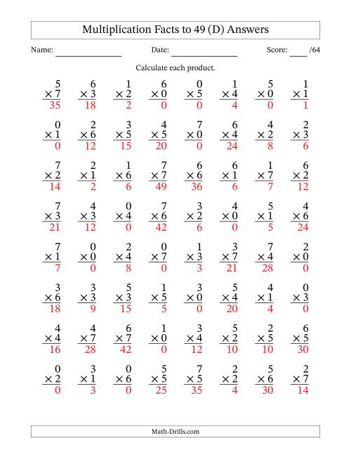 The Multiplication Facts to 49 (64 Questions) (With Zeros) (D) Math Worksheet Page 2