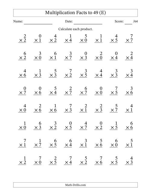 The Multiplication Facts to 49 (64 Questions) (With Zeros) (E) Math Worksheet