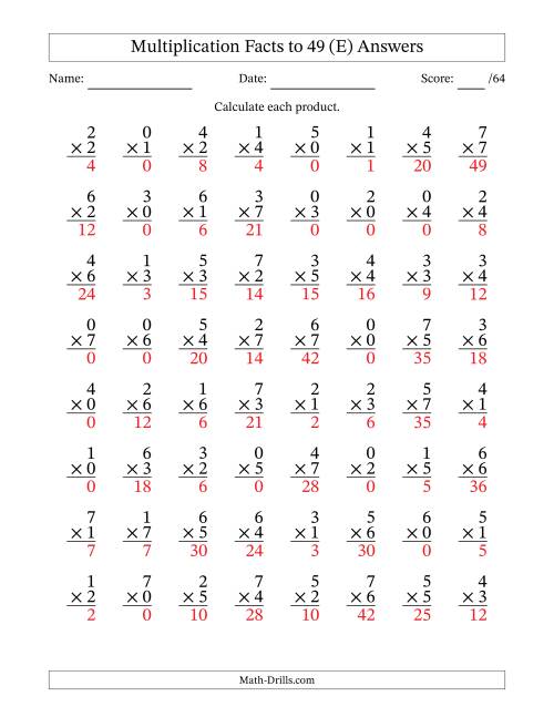 The Multiplication Facts to 49 (64 Questions) (With Zeros) (E) Math Worksheet Page 2
