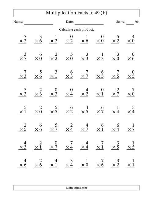 The Multiplication Facts to 49 (64 Questions) (With Zeros) (F) Math Worksheet