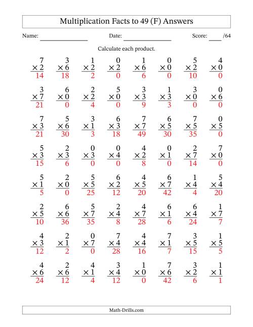 The Multiplication Facts to 49 (64 Questions) (With Zeros) (F) Math Worksheet Page 2