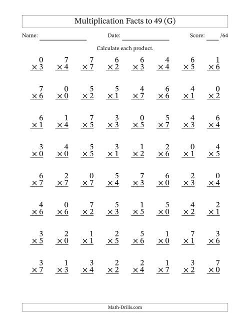 The Multiplication Facts to 49 (64 Questions) (With Zeros) (G) Math Worksheet