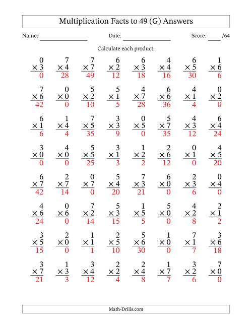 The Multiplication Facts to 49 (64 Questions) (With Zeros) (G) Math Worksheet Page 2