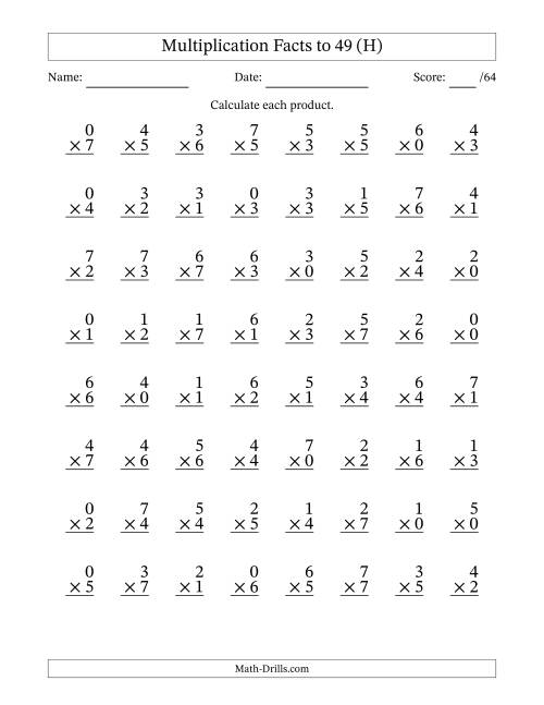 The Multiplication Facts to 49 (64 Questions) (With Zeros) (H) Math Worksheet