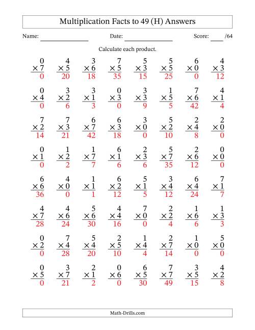 The Multiplication Facts to 49 (64 Questions) (With Zeros) (H) Math Worksheet Page 2