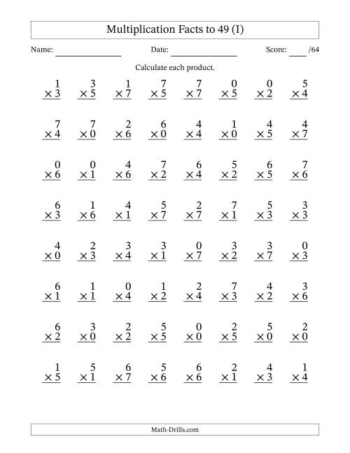 The Multiplication Facts to 49 (64 Questions) (With Zeros) (I) Math Worksheet