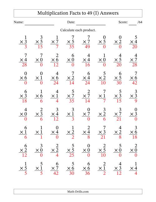 The Multiplication Facts to 49 (64 Questions) (With Zeros) (I) Math Worksheet Page 2
