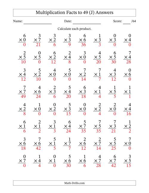 The Multiplication Facts to 49 (64 Questions) (With Zeros) (J) Math Worksheet Page 2