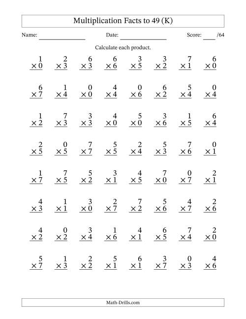The Multiplication Facts to 49 (64 Questions) (With Zeros) (K) Math Worksheet