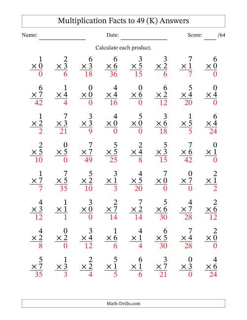 The Multiplication Facts to 49 (64 Questions) (With Zeros) (K) Math Worksheet Page 2