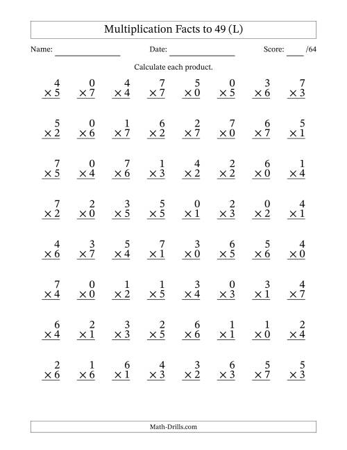 The Multiplication Facts to 49 (64 Questions) (With Zeros) (L) Math Worksheet