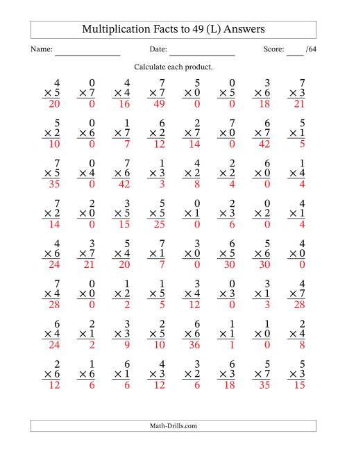 The Multiplication Facts to 49 (64 Questions) (With Zeros) (L) Math Worksheet Page 2
