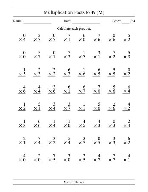The Multiplication Facts to 49 (64 Questions) (With Zeros) (M) Math Worksheet