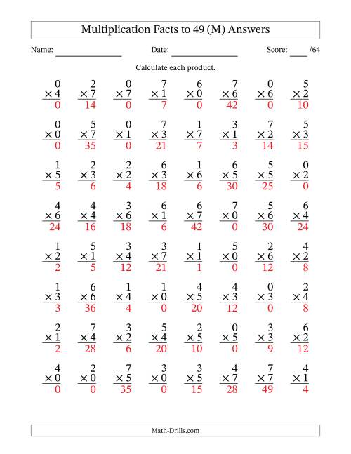 The Multiplication Facts to 49 (64 Questions) (With Zeros) (M) Math Worksheet Page 2