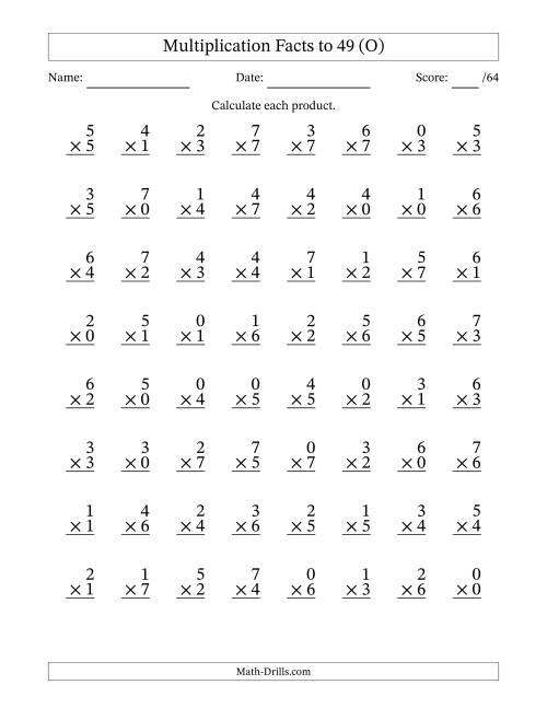 The Multiplication Facts to 49 (64 Questions) (With Zeros) (O) Math Worksheet