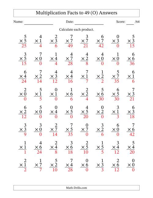The Multiplication Facts to 49 (64 Questions) (With Zeros) (O) Math Worksheet Page 2