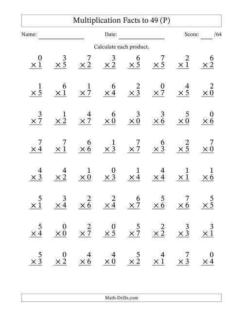 The Multiplication Facts to 49 (64 Questions) (With Zeros) (P) Math Worksheet