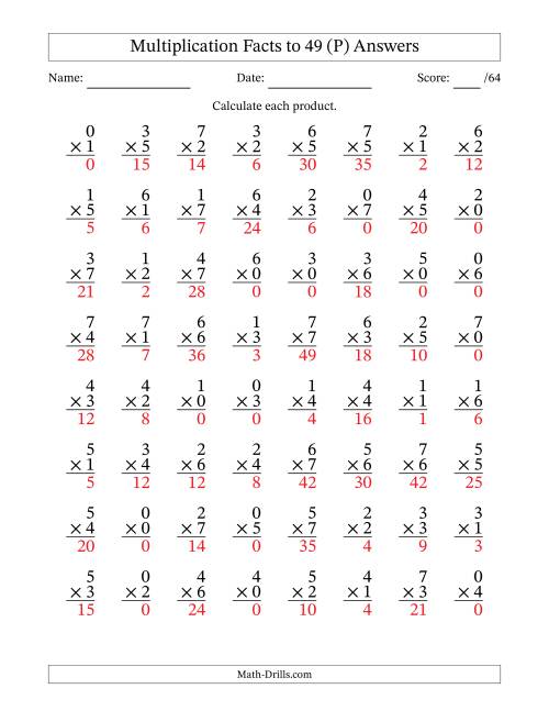 The Multiplication Facts to 49 (64 Questions) (With Zeros) (P) Math Worksheet Page 2