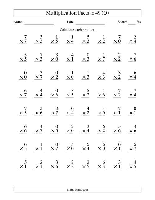 The Multiplication Facts to 49 (64 Questions) (With Zeros) (Q) Math Worksheet