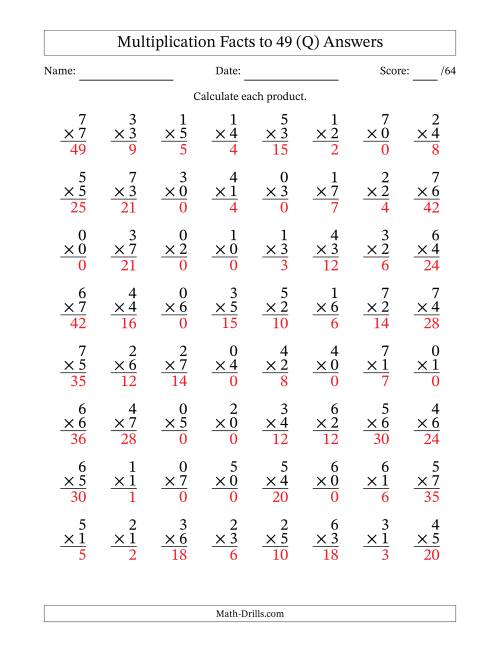 The Multiplication Facts to 49 (64 Questions) (With Zeros) (Q) Math Worksheet Page 2
