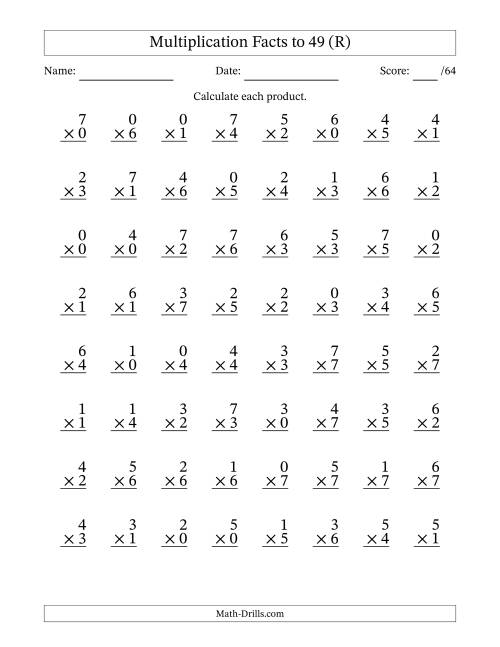 The Multiplication Facts to 49 (64 Questions) (With Zeros) (R) Math Worksheet