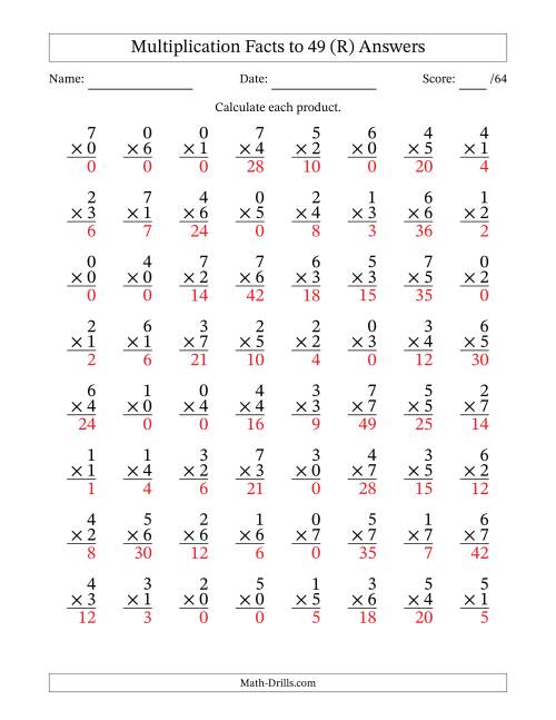 The Multiplication Facts to 49 (64 Questions) (With Zeros) (R) Math Worksheet Page 2