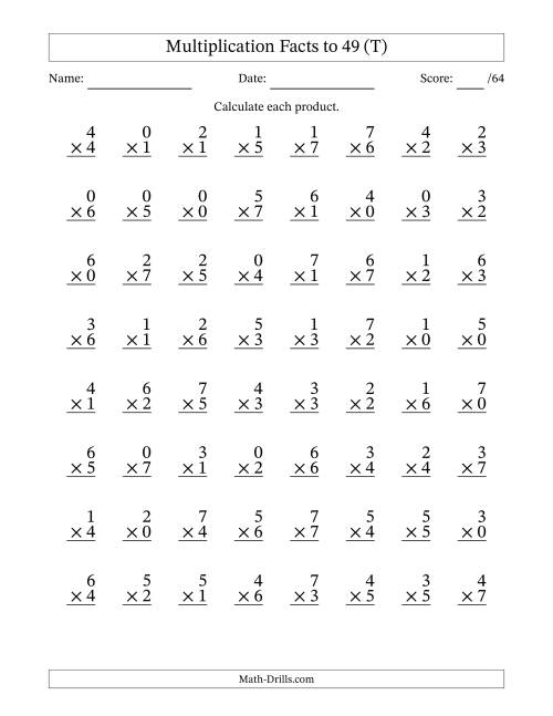 The Multiplication Facts to 49 (64 Questions) (With Zeros) (T) Math Worksheet