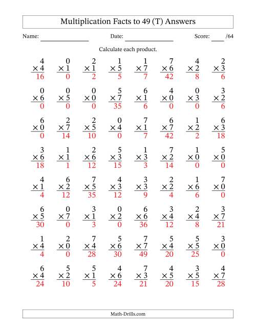 The Multiplication Facts to 49 (64 Questions) (With Zeros) (T) Math Worksheet Page 2