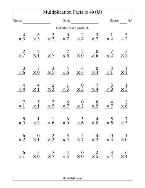 The Multiplication Facts to 49 (64 Questions) (With Zeros) (U) Math Worksheet