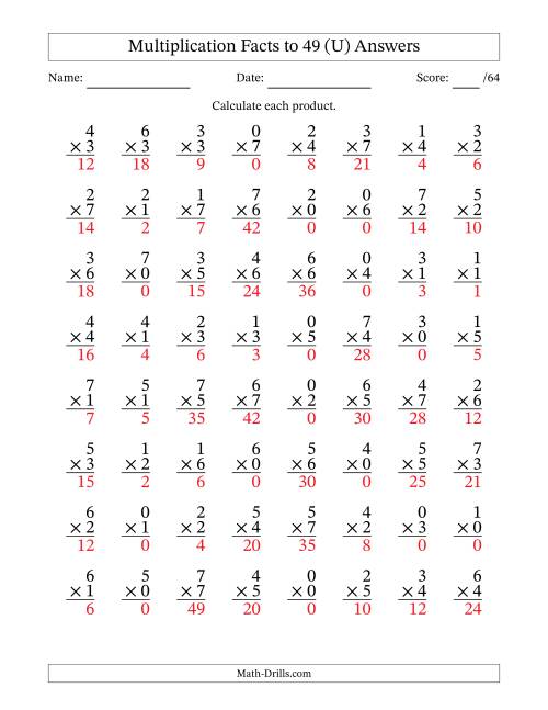 The Multiplication Facts to 49 (64 Questions) (With Zeros) (U) Math Worksheet Page 2