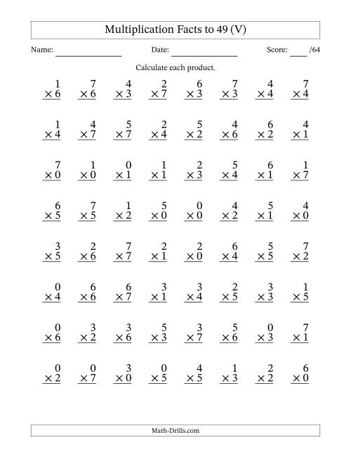 The Multiplication Facts to 49 (64 Questions) (With Zeros) (V) Math Worksheet