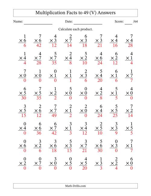 The Multiplication Facts to 49 (64 Questions) (With Zeros) (V) Math Worksheet Page 2