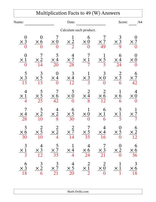 The Multiplication Facts to 49 (64 Questions) (With Zeros) (W) Math Worksheet Page 2