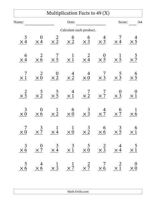 The Multiplication Facts to 49 (64 Questions) (With Zeros) (X) Math Worksheet