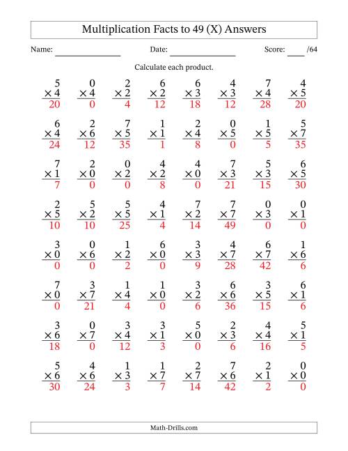 The Multiplication Facts to 49 (64 Questions) (With Zeros) (X) Math Worksheet Page 2